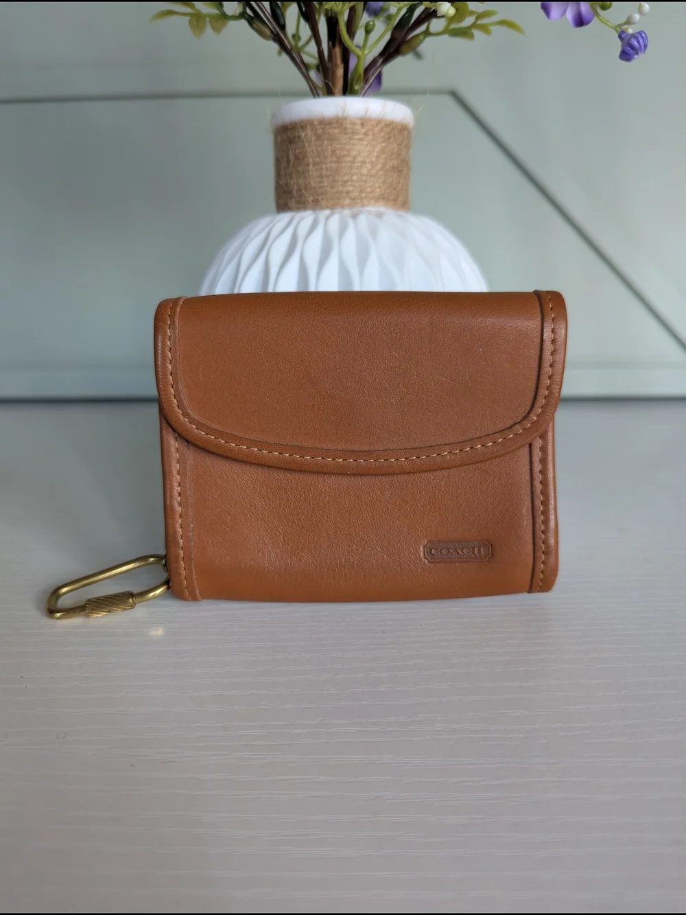 Coach Tan Leather Wallet with Gold Chain